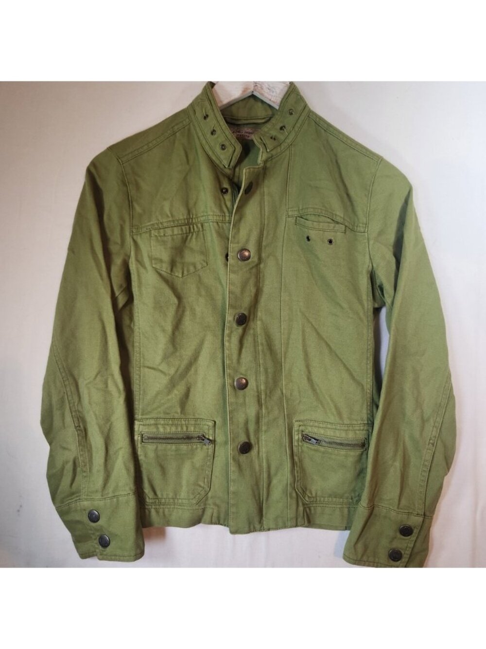 i.e. Relaxed Petite Utility Jacket Green Cotton Canvas Military Mock Neck PS